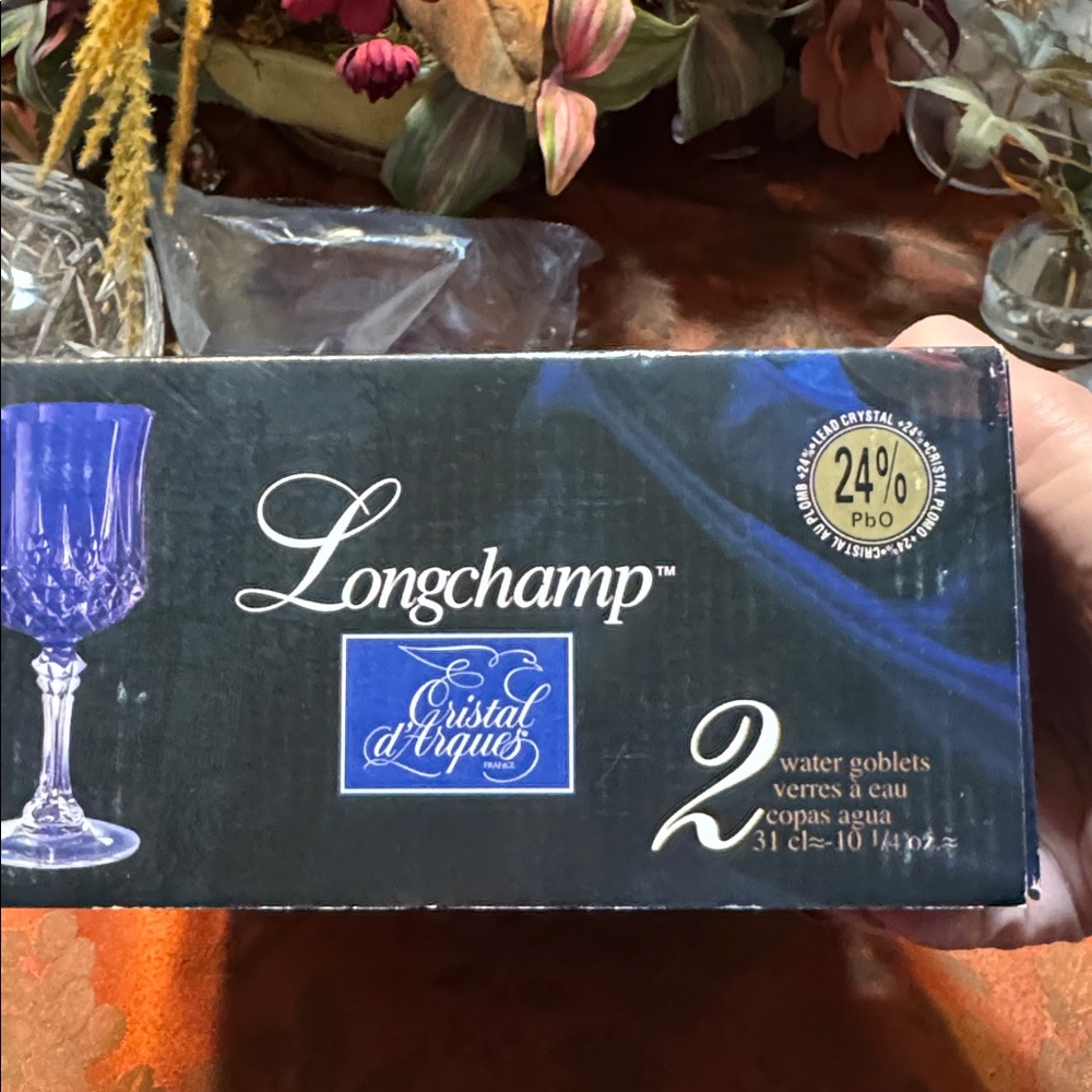 Longchamp 24% Lead Crystal 25th Anniversary Blue Crystal Wine Glass Set - Picture 9 of 11